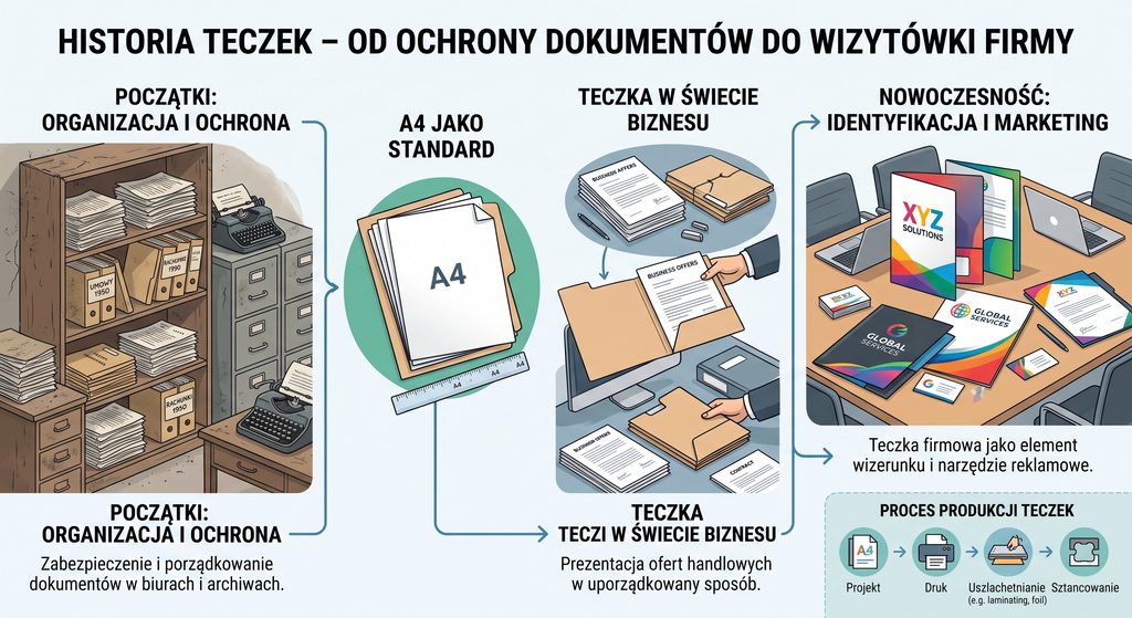 Obraz przedstawia infografikę z historią teczek:
1. początki i organizacja oraz ochrona
2. teczka w świecie biznesu
3. Nowoczesność - identyfikacja i marketing